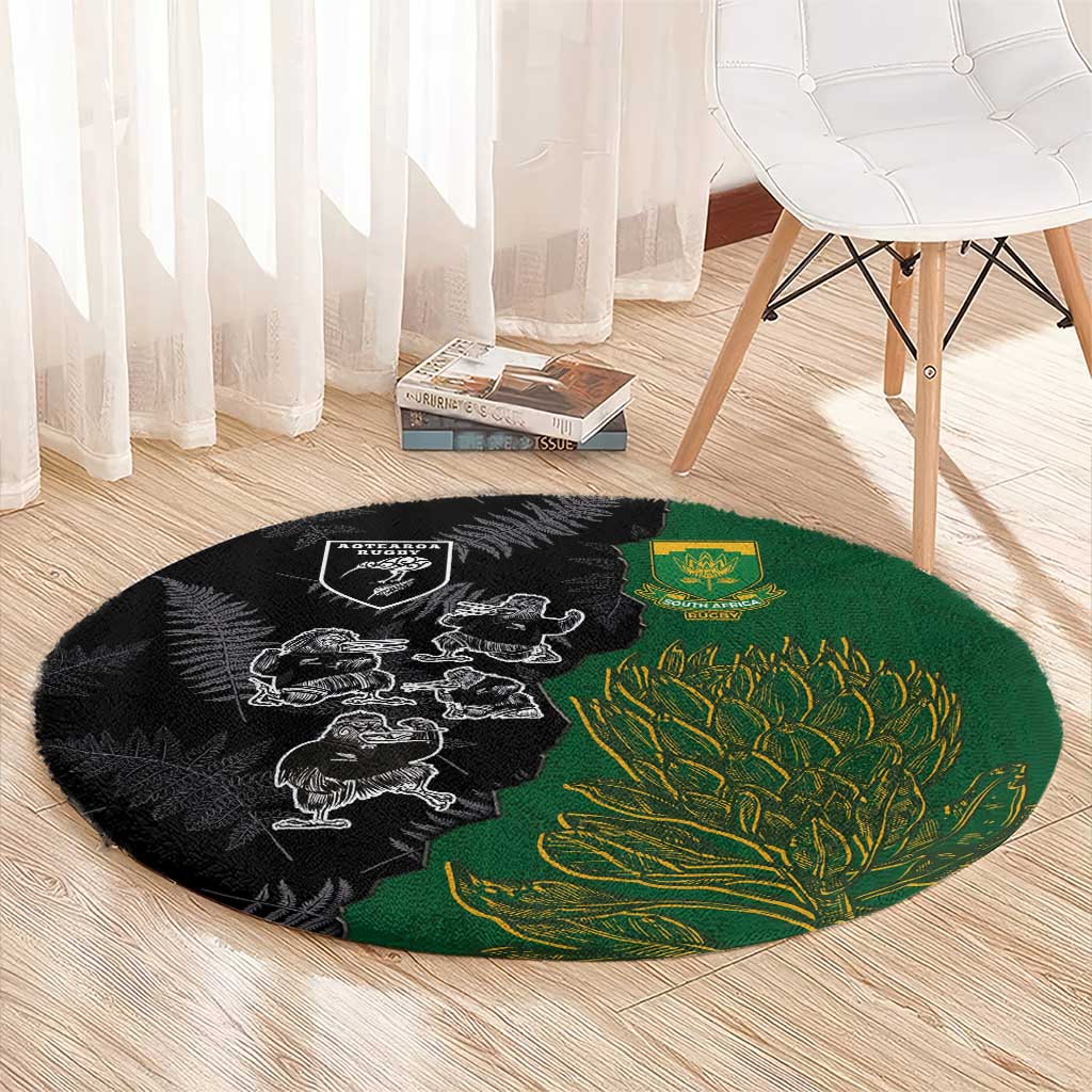 Aotearoa South Africa Rugby Freedom Cup Round Carpet Kiwi Warriors Haka with King Protea Symbol - Wonder Print Shop