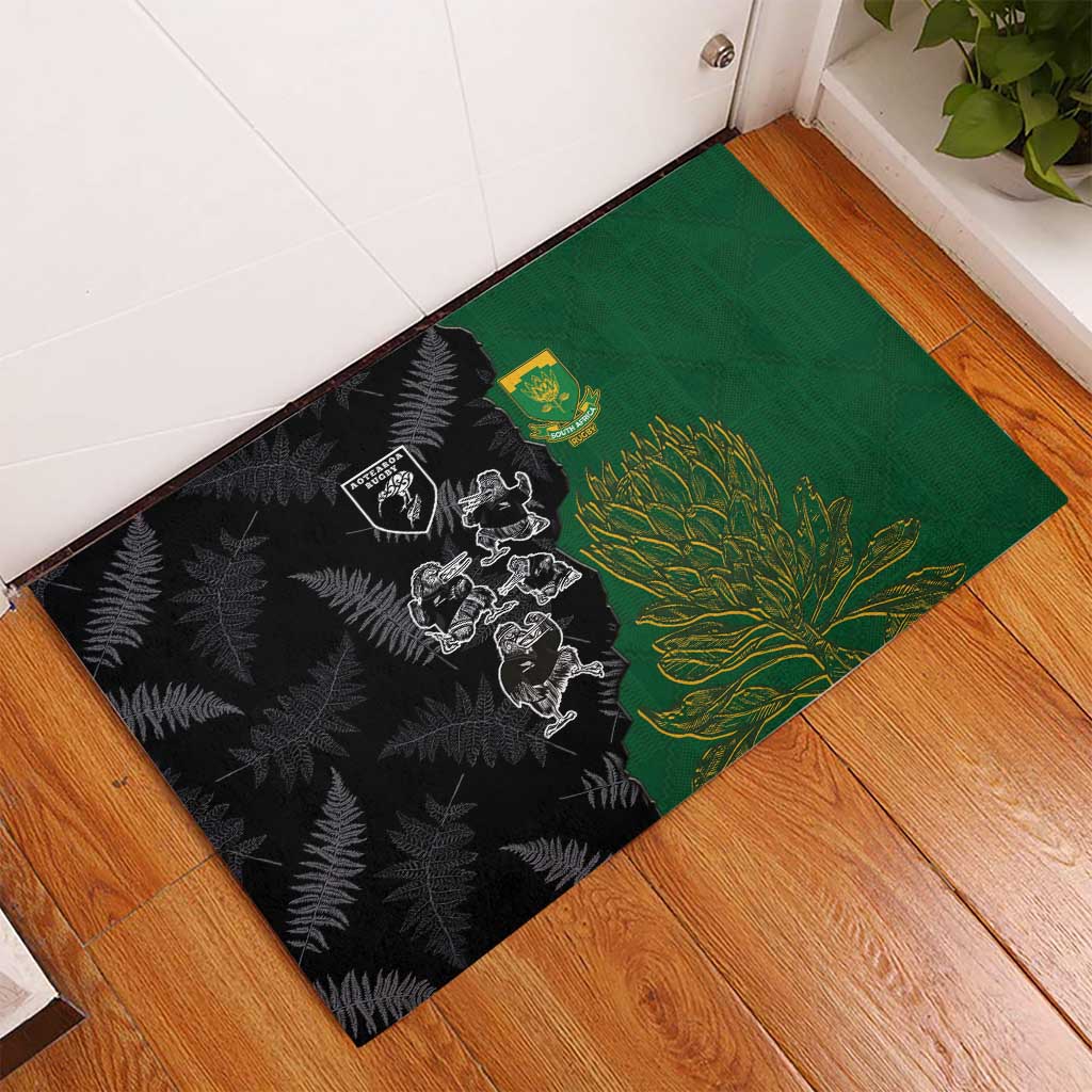 Aotearoa South Africa Rugby Freedom Cup Rubber Doormat Kiwi Warriors Haka with King Protea Symbol - Wonder Print Shop