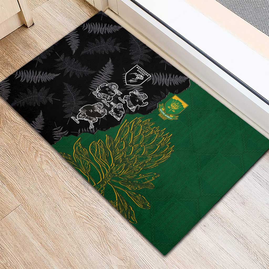 Aotearoa South Africa Rugby Freedom Cup Rubber Doormat Kiwi Warriors Haka with King Protea Symbol - Wonder Print Shop