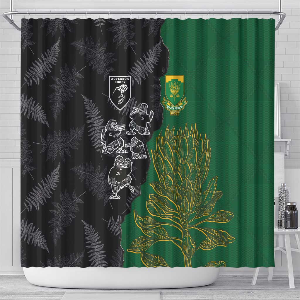 Aotearoa South Africa Rugby Freedom Cup Shower Curtain Kiwi Warriors Haka with King Protea Symbol - Wonder Print Shop