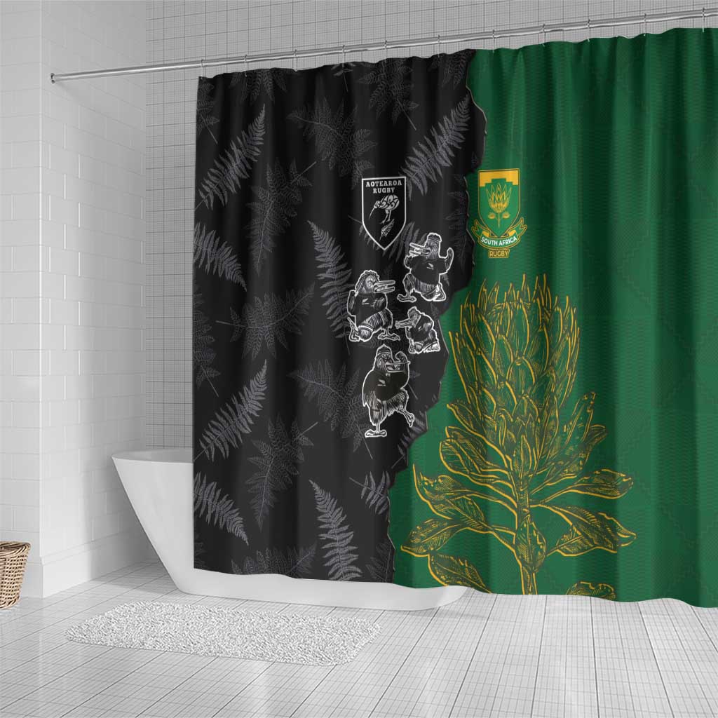 Aotearoa South Africa Rugby Freedom Cup Shower Curtain Kiwi Warriors Haka with King Protea Symbol - Wonder Print Shop