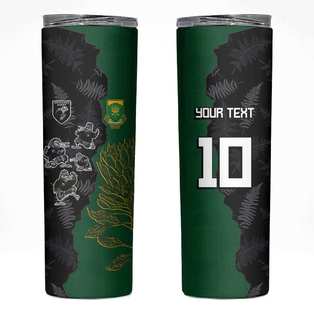 Custom Aotearoa South Africa Rugby Freedom Cup Skinny Tumbler Kiwi Warriors Haka with King Protea Symbol - Wonder Print Shop