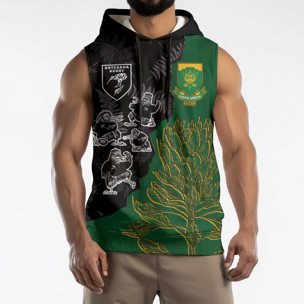 Custom Aotearoa South Africa Rugby Freedom Cup Sleeveless Hoodie Kiwi Warriors Haka with King Protea Symbol - Wonder Print Shop