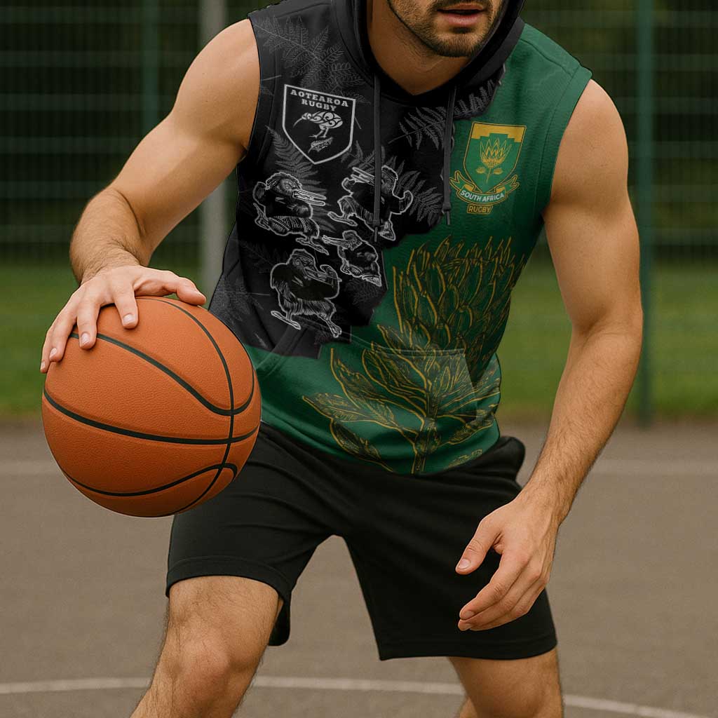 Custom Aotearoa South Africa Rugby Freedom Cup Sleeveless Hoodie Kiwi Warriors Haka with King Protea Symbol - Wonder Print Shop
