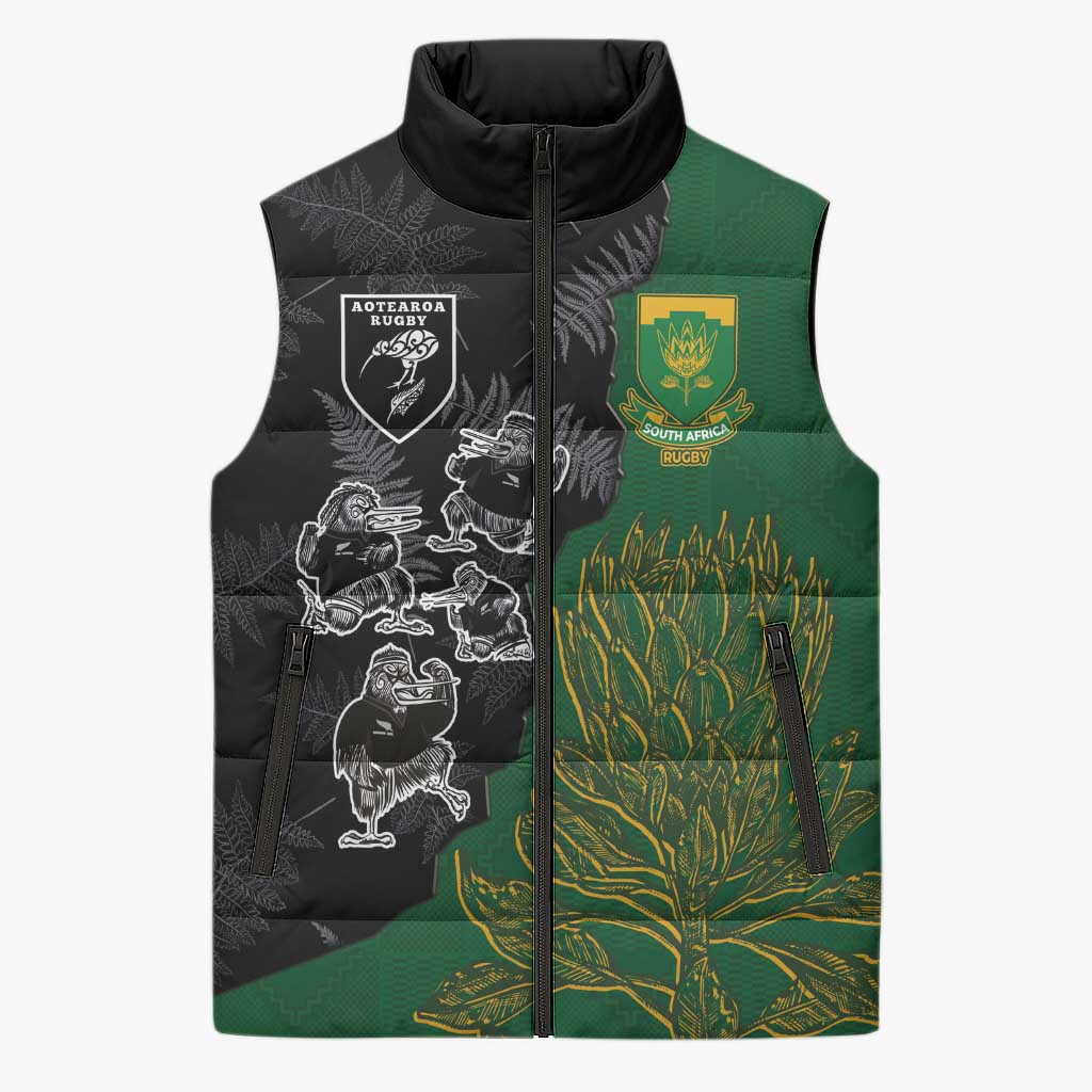 Custom Aotearoa South Africa Rugby Freedom Cup Sleeveless Puffer Jacket Kiwi Warriors Haka with King Protea Symbol - Wonder Print Shop
