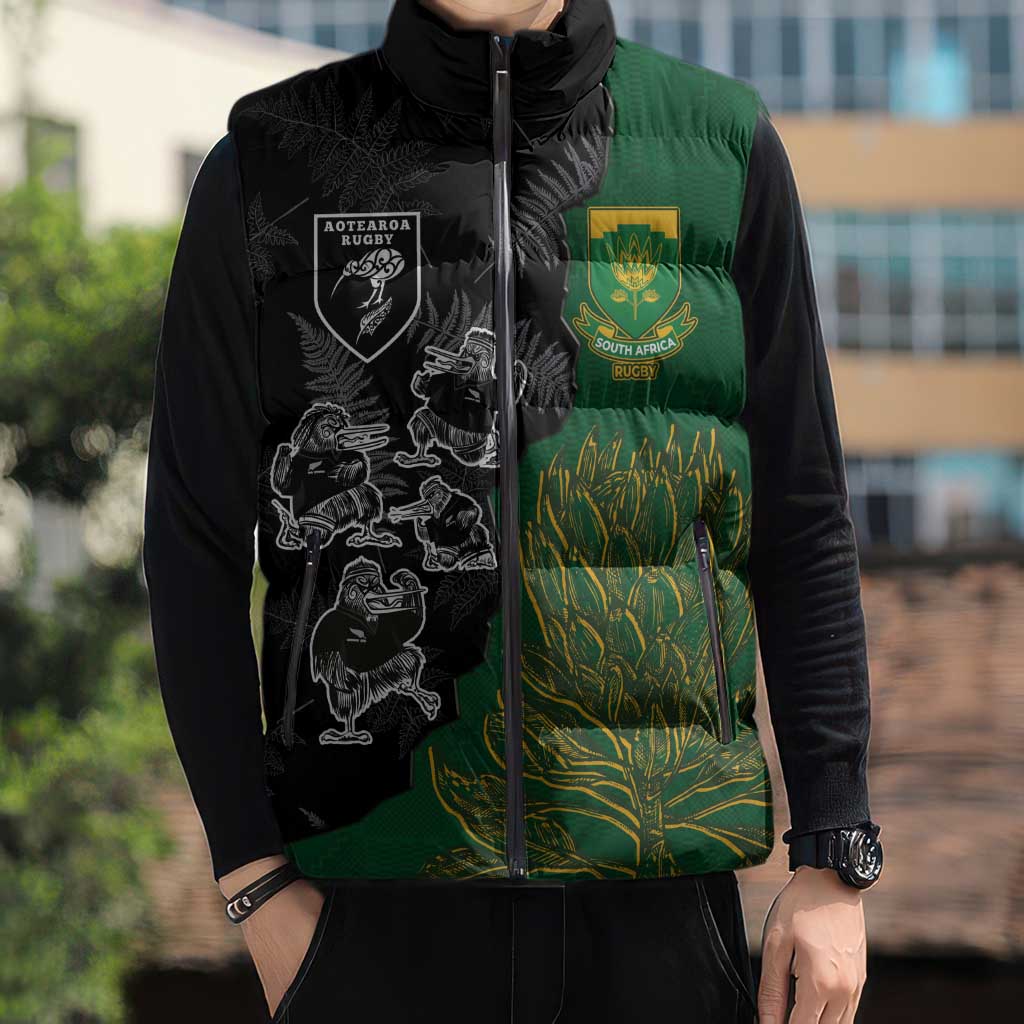 Custom Aotearoa South Africa Rugby Freedom Cup Sleeveless Puffer Jacket Kiwi Warriors Haka with King Protea Symbol - Wonder Print Shop