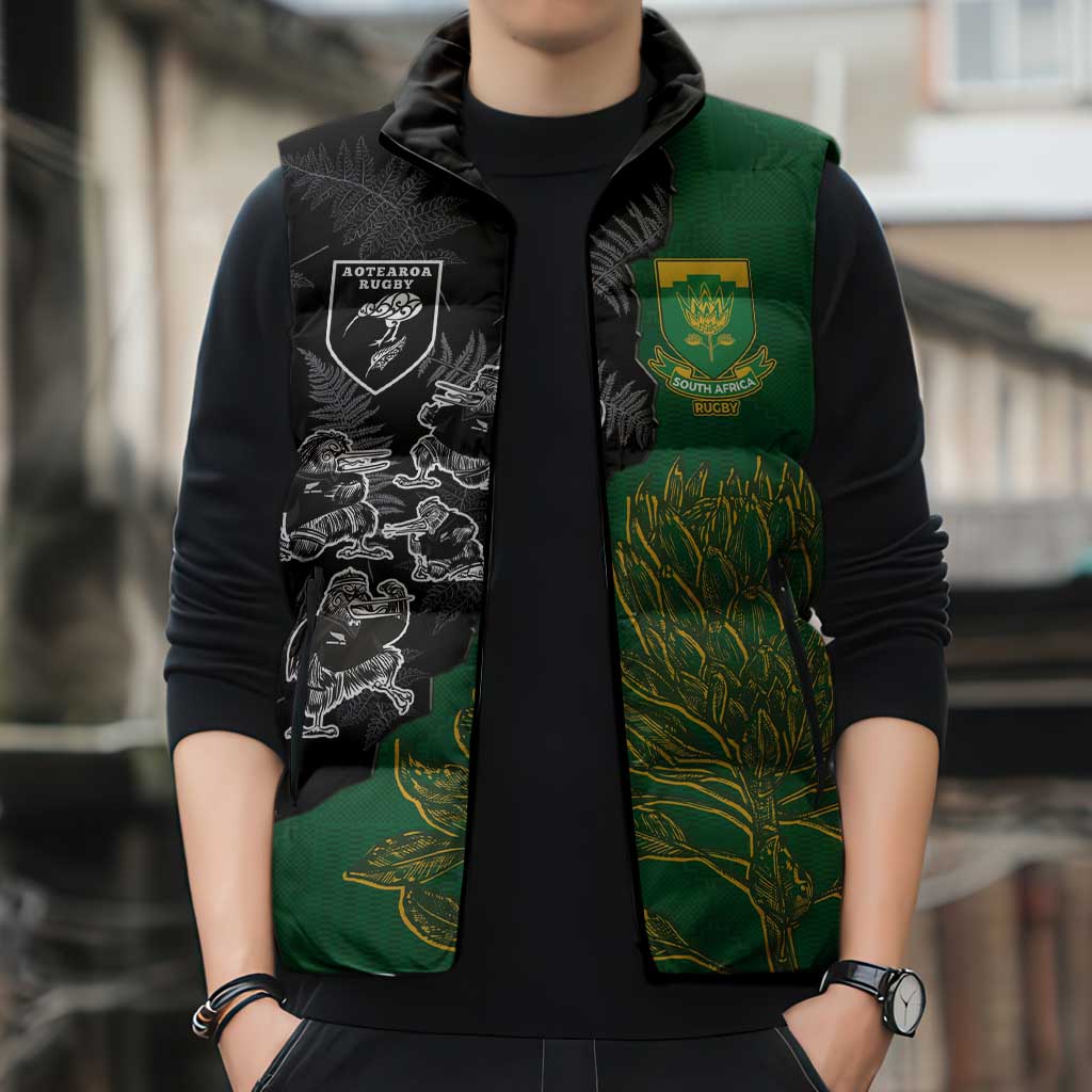 Custom Aotearoa South Africa Rugby Freedom Cup Sleeveless Puffer Jacket Kiwi Warriors Haka with King Protea Symbol - Wonder Print Shop