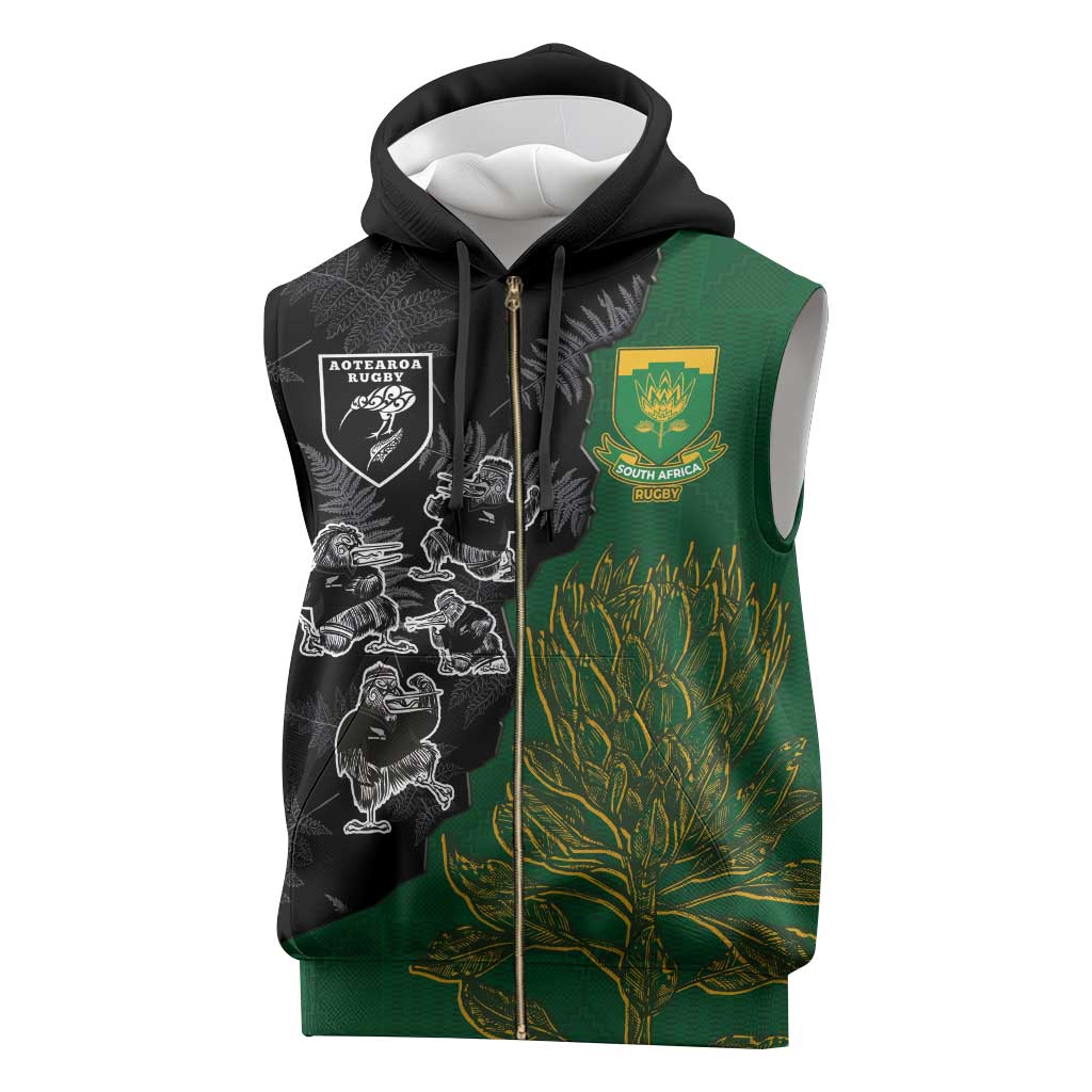 Custom Aotearoa South Africa Rugby Freedom Cup Sleeveless Zip Hoodie Kiwi Warriors Haka with King Protea Symbol - Wonder Print Shop