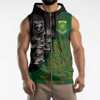 Custom Aotearoa South Africa Rugby Freedom Cup Sleeveless Zip Hoodie Kiwi Warriors Haka with King Protea Symbol - Wonder Print Shop