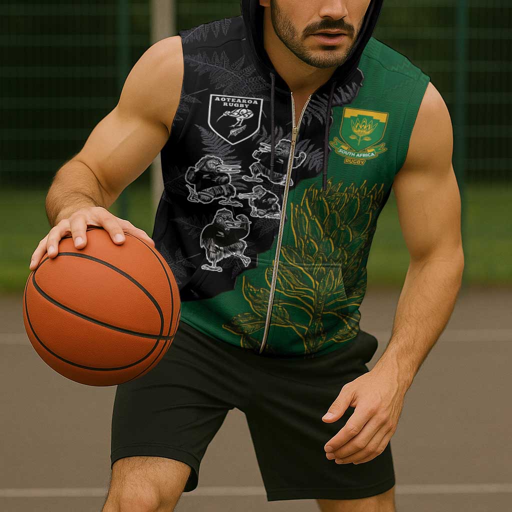 Custom Aotearoa South Africa Rugby Freedom Cup Sleeveless Zip Hoodie Kiwi Warriors Haka with King Protea Symbol - Wonder Print Shop