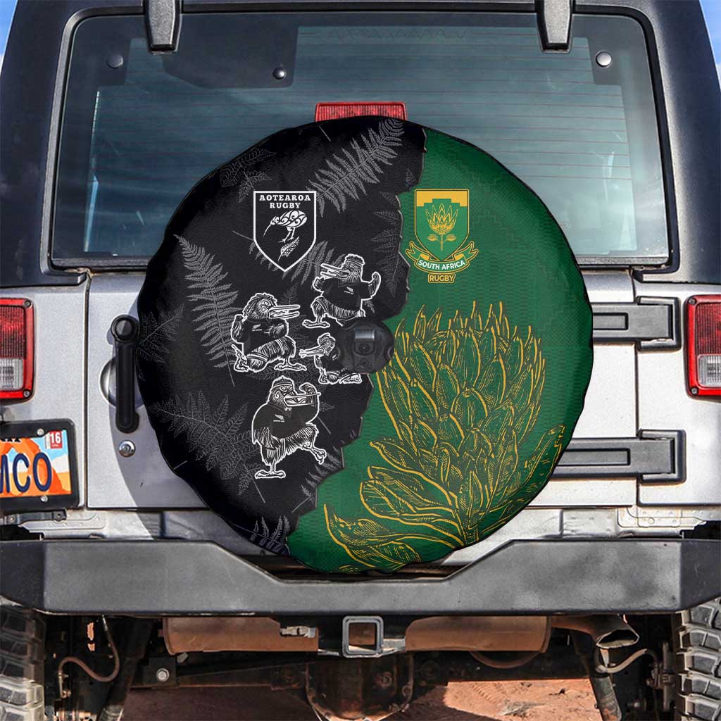 Aotearoa South Africa Rugby Freedom Cup Spare Tire Cover Kiwi Warriors Haka with King Protea Symbol - Wonder Print Shop