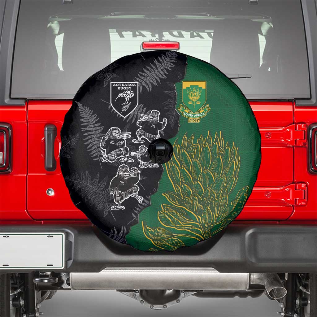 Aotearoa South Africa Rugby Freedom Cup Spare Tire Cover Kiwi Warriors Haka with King Protea Symbol - Wonder Print Shop