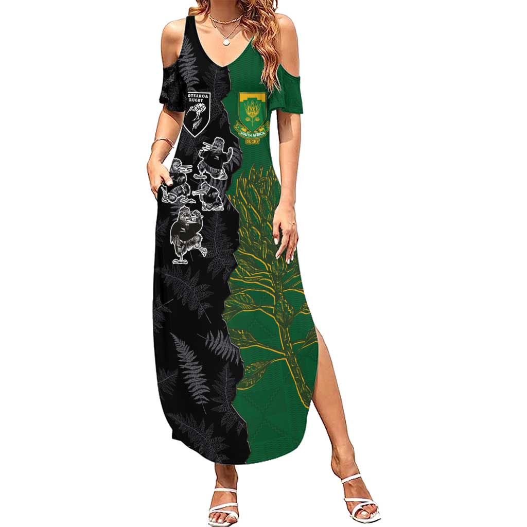 Custom Aotearoa South Africa Rugby Freedom Cup Summer Maxi Dress Kiwi Warriors Haka with King Protea Symbol - Wonder Print Shop