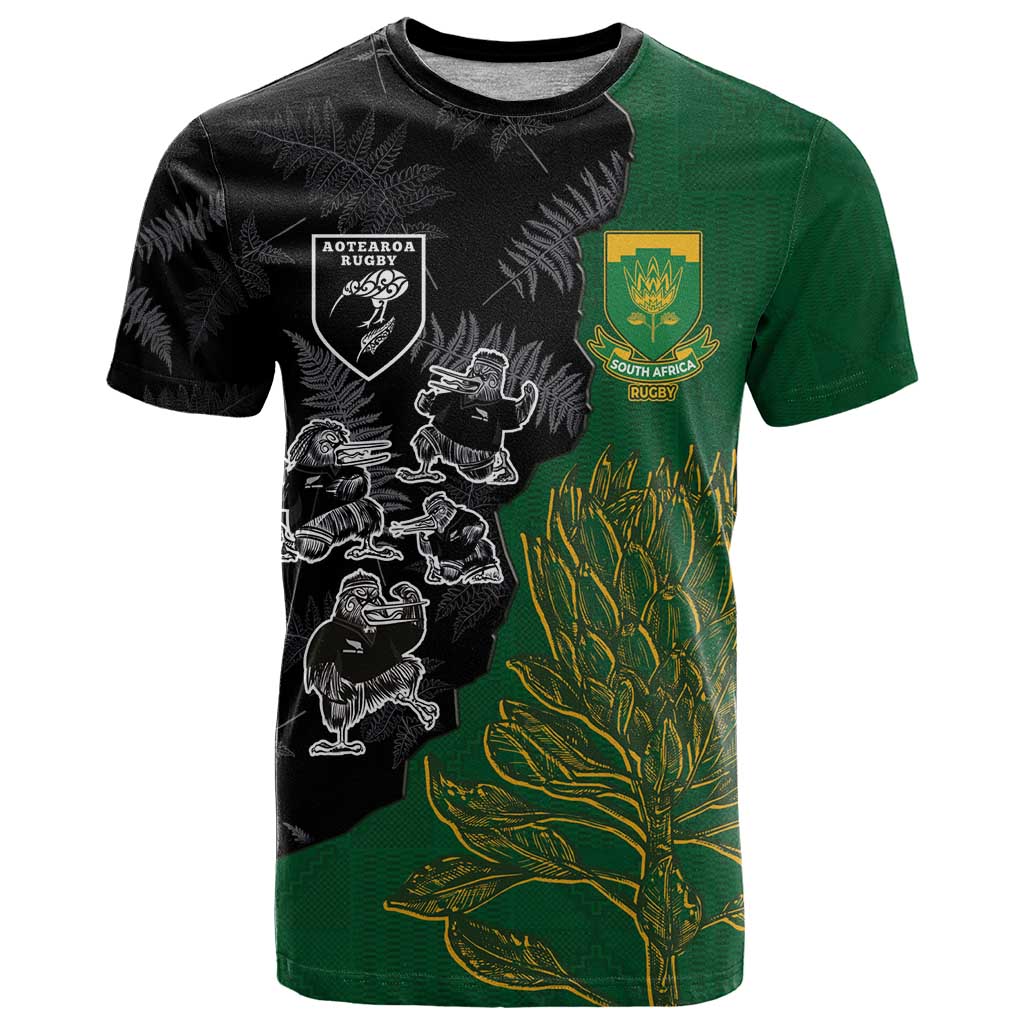 Custom Aotearoa South Africa Rugby Freedom Cup T Shirt Kiwi Warriors Haka with King Protea Symbol - Wonder Print Shop