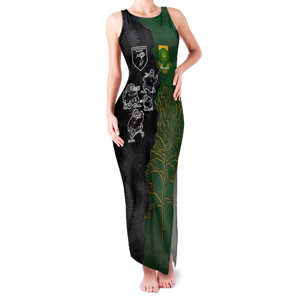 Custom Aotearoa South Africa Rugby Freedom Cup Tank Maxi Dress Kiwi Warriors Haka with King Protea Symbol - Wonder Print Shop