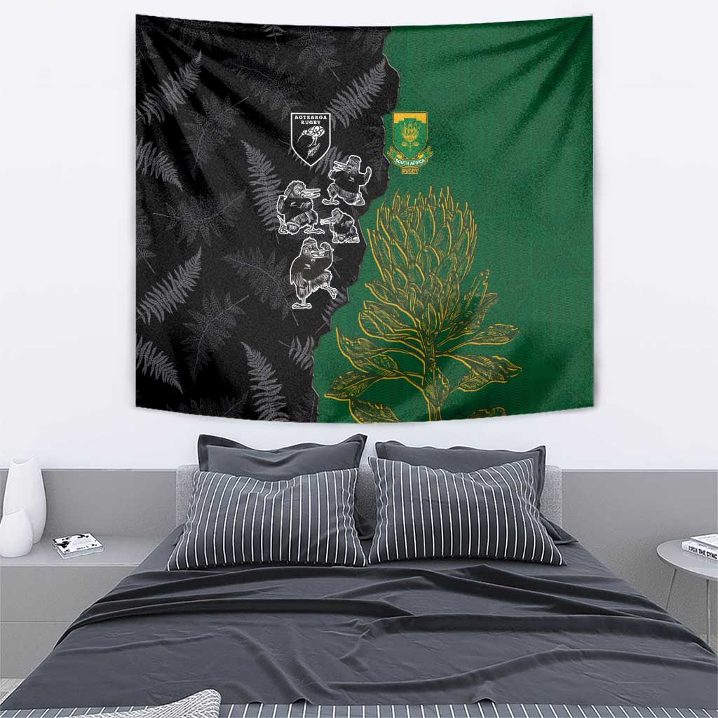 Aotearoa South Africa Rugby Freedom Cup Tapestry Kiwi Warriors Haka with King Protea Symbol - Wonder Print Shop