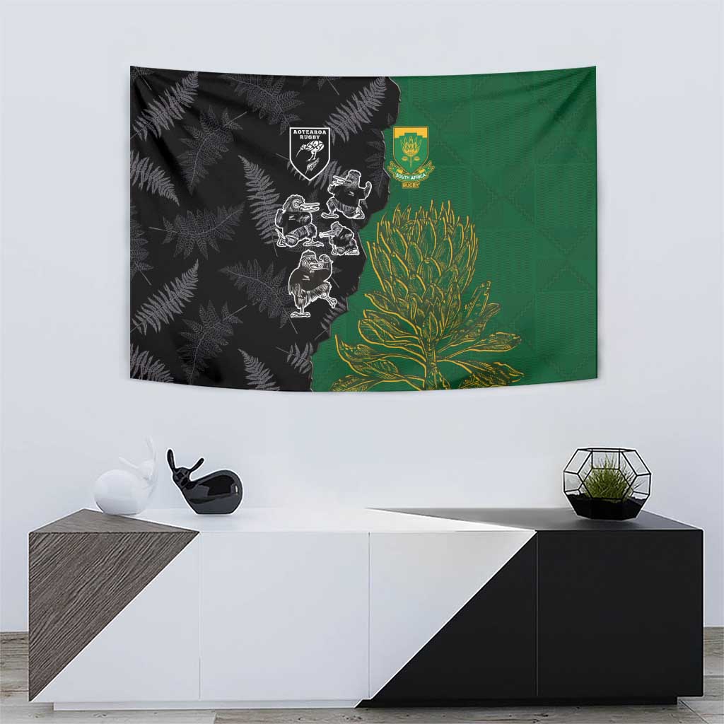 Aotearoa South Africa Rugby Freedom Cup Tapestry Kiwi Warriors Haka with King Protea Symbol - Wonder Print Shop