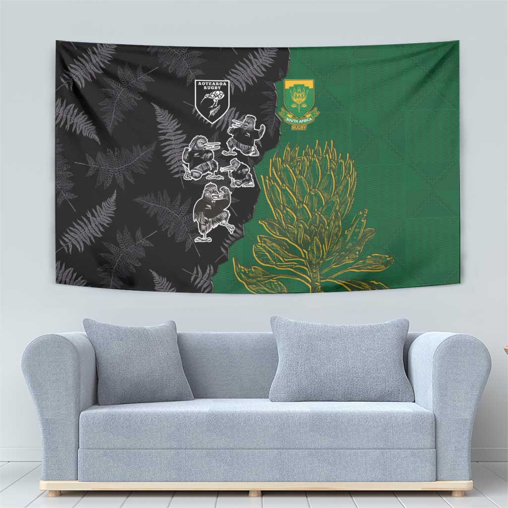 Aotearoa South Africa Rugby Freedom Cup Tapestry Kiwi Warriors Haka with King Protea Symbol - Wonder Print Shop