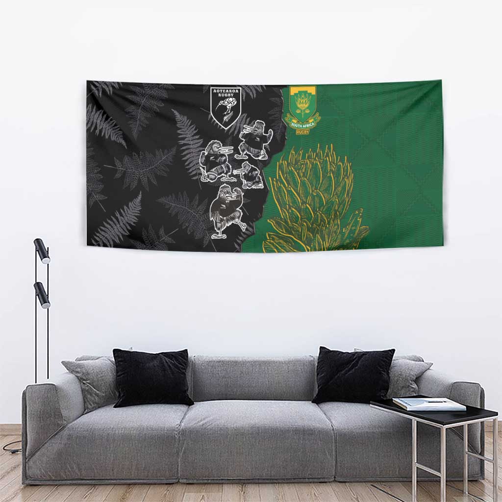 Aotearoa South Africa Rugby Freedom Cup Tapestry Kiwi Warriors Haka with King Protea Symbol - Wonder Print Shop