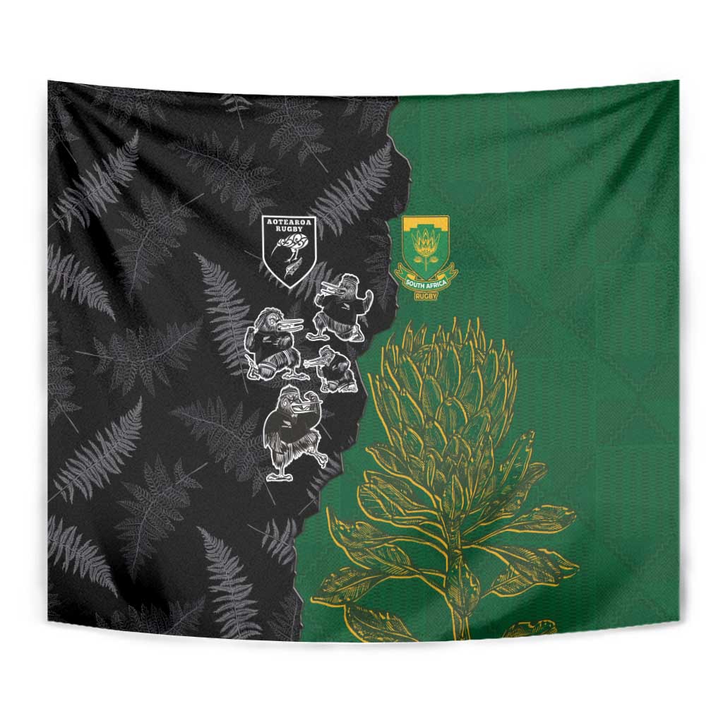 Aotearoa South Africa Rugby Freedom Cup Tapestry Kiwi Warriors Haka with King Protea Symbol - Wonder Print Shop