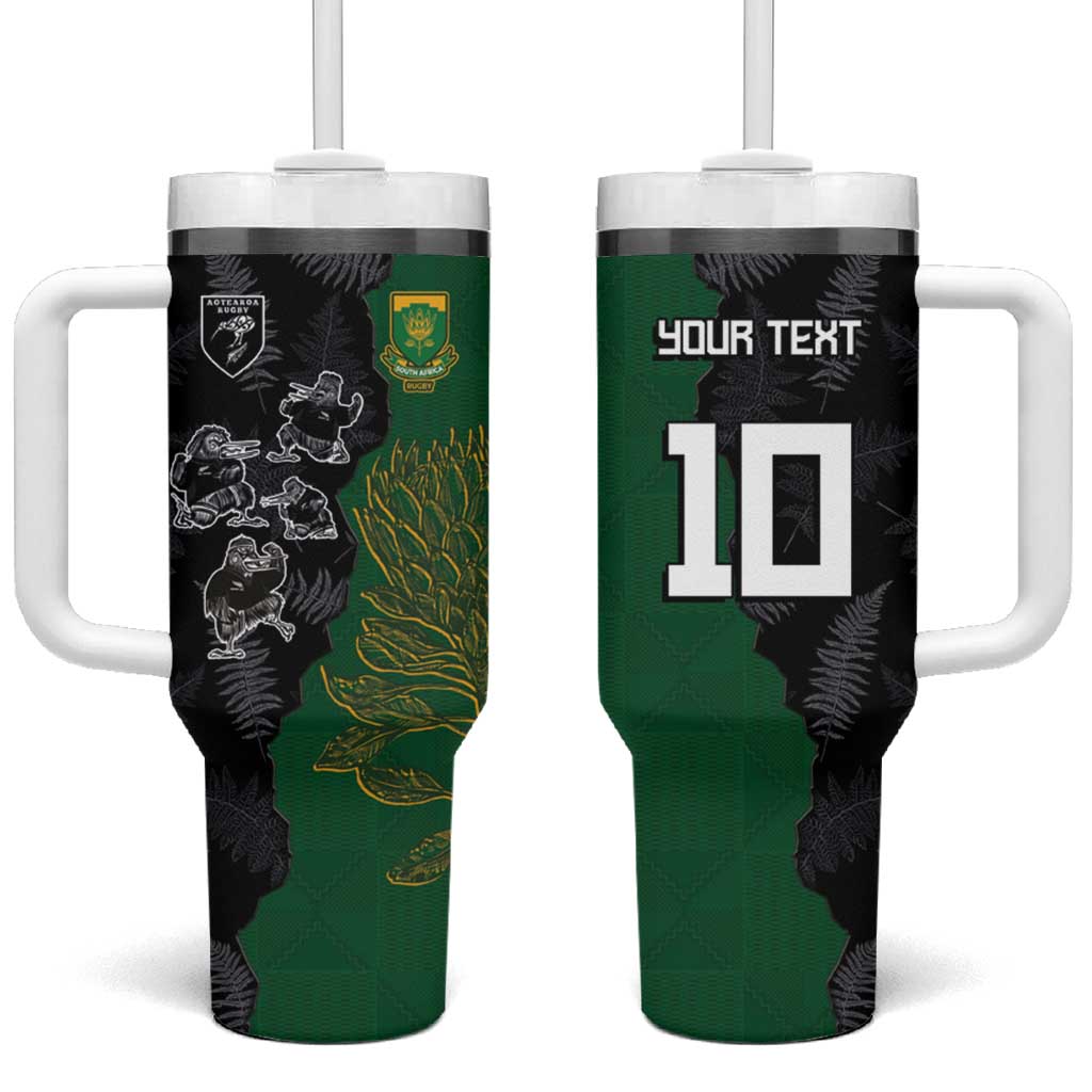 Custom Aotearoa South Africa Rugby Freedom Cup Tumbler With Handle Kiwi Warriors Haka with King Protea Symbol - Wonder Print Shop