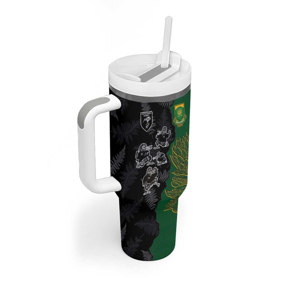 Custom Aotearoa South Africa Rugby Freedom Cup Tumbler With Handle Kiwi Warriors Haka with King Protea Symbol - Wonder Print Shop