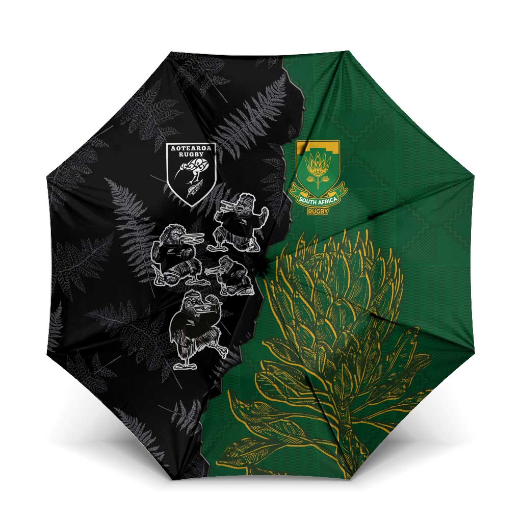 Aotearoa South Africa Rugby Freedom Cup Umbrella Kiwi Warriors Haka with King Protea Symbol - Wonder Print Shop