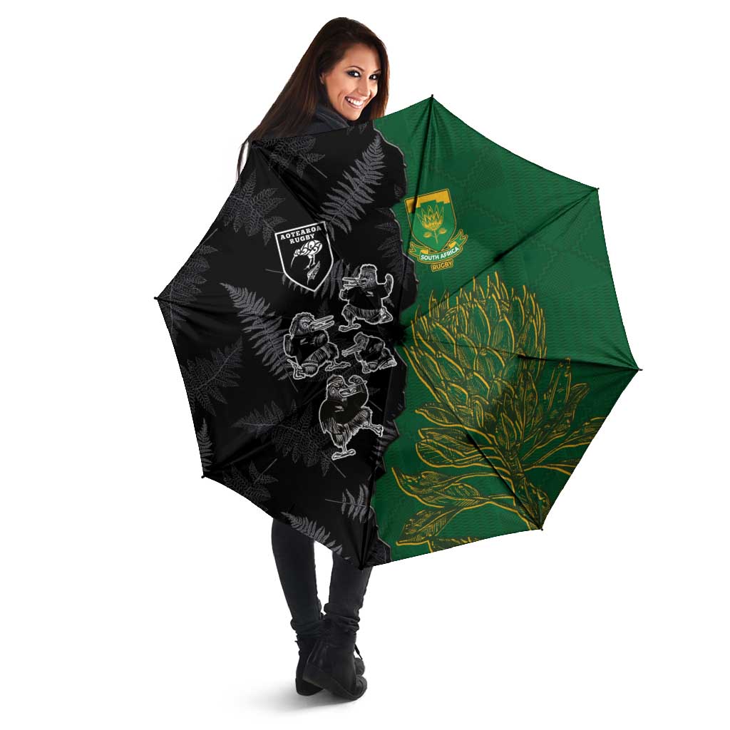 Aotearoa South Africa Rugby Freedom Cup Umbrella Kiwi Warriors Haka with King Protea Symbol - Wonder Print Shop
