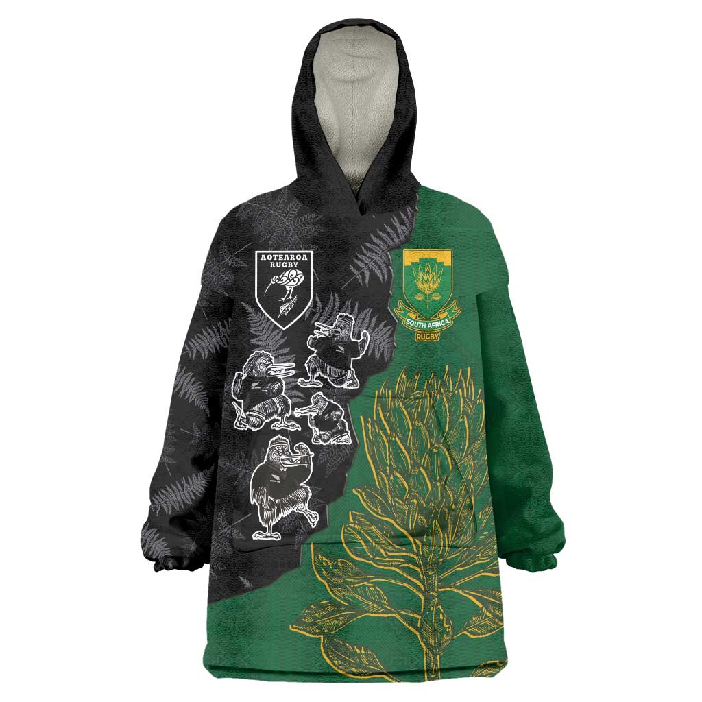 Custom Aotearoa South Africa Rugby Freedom Cup Wearable Blanket Hoodie Kiwi Warriors Haka with King Protea Symbol - Wonder Print Shop