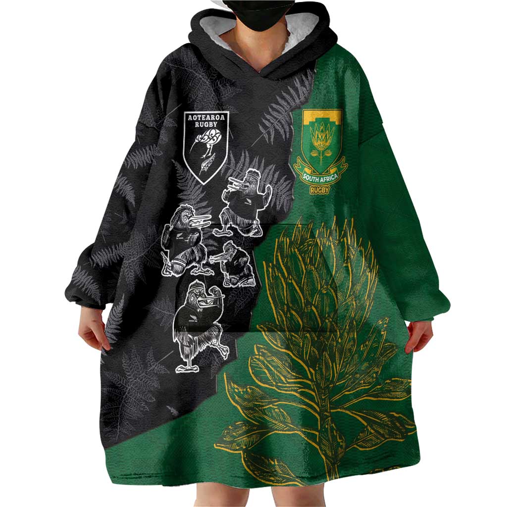 Custom Aotearoa South Africa Rugby Freedom Cup Wearable Blanket Hoodie Kiwi Warriors Haka with King Protea Symbol - Wonder Print Shop