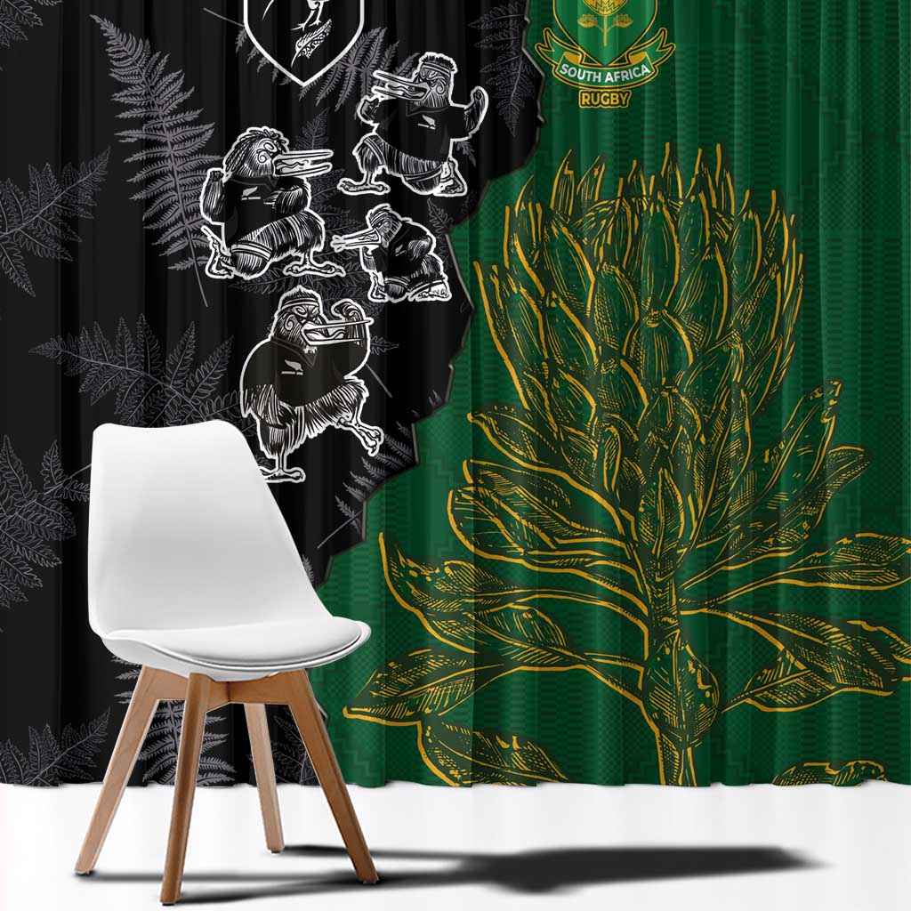 Aotearoa South Africa Rugby Freedom Cup Window Curtain Kiwi Warriors Haka with King Protea Symbol - Wonder Print Shop