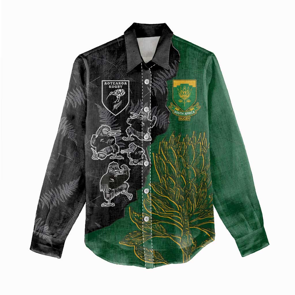 Custom Aotearoa South Africa Rugby Freedom Cup Women Casual Shirt Kiwi Warriors Haka with King Protea Symbol - Wonder Print Shop