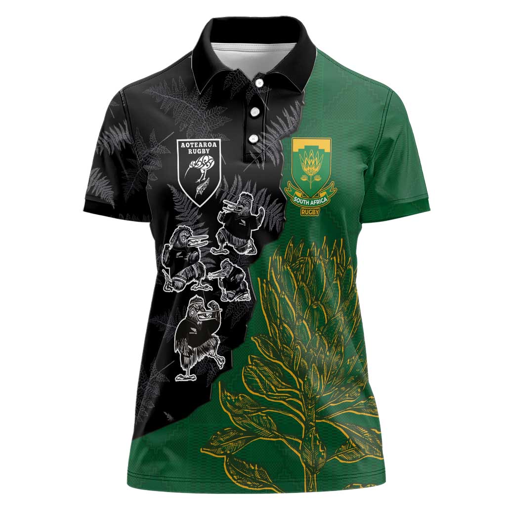 Custom Aotearoa South Africa Rugby Freedom Cup Women Polo Shirt Kiwi Warriors Haka with King Protea Symbol - Wonder Print Shop