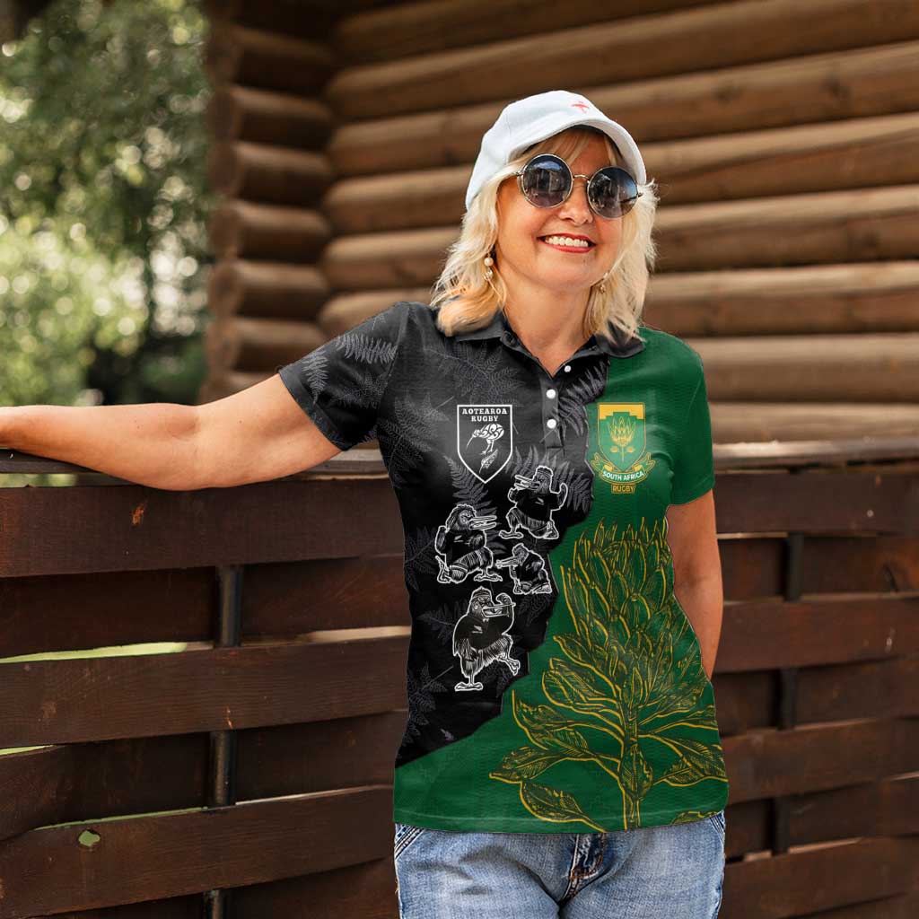 Custom Aotearoa South Africa Rugby Freedom Cup Women Polo Shirt Kiwi Warriors Haka with King Protea Symbol - Wonder Print Shop