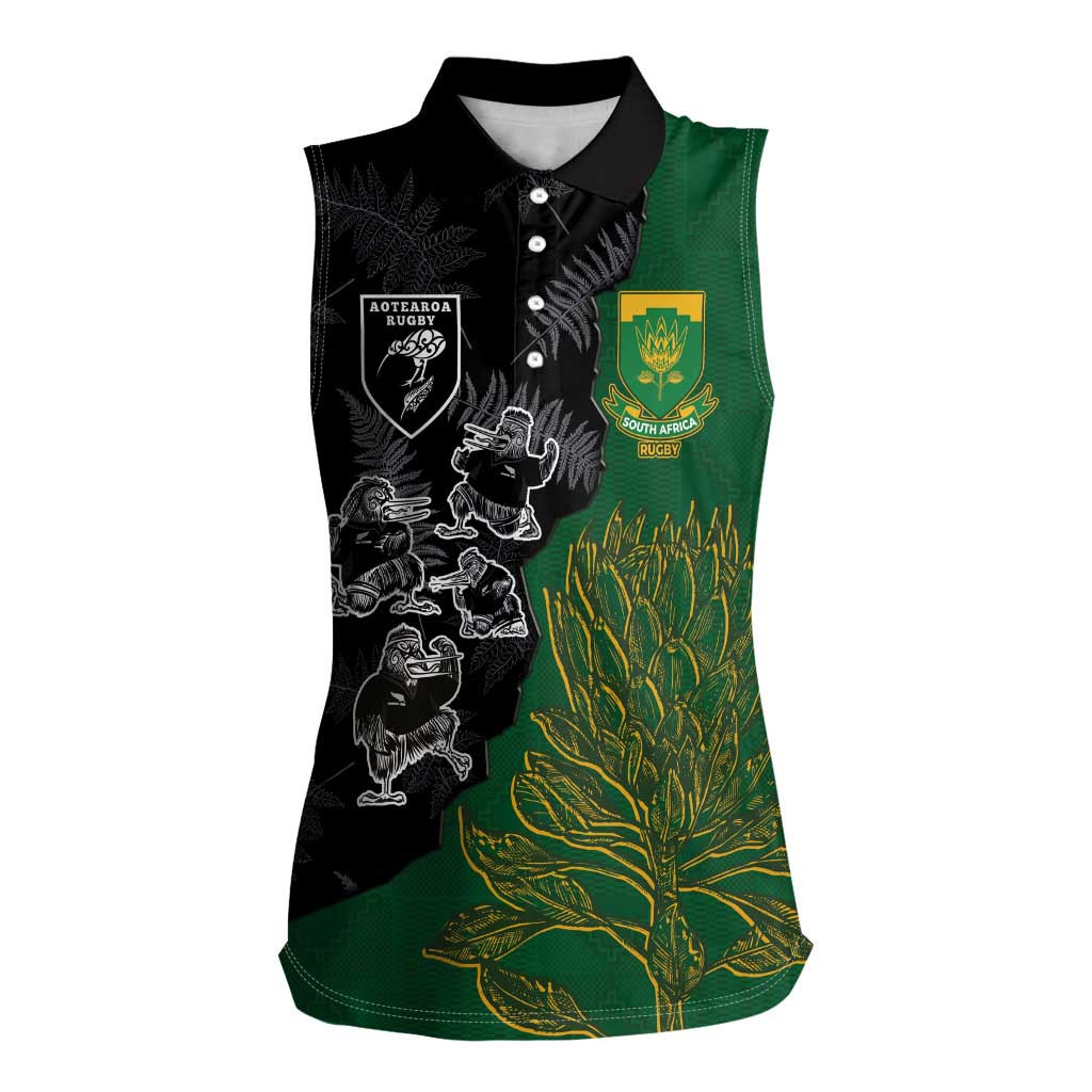 Custom Aotearoa South Africa Rugby Freedom Cup Women Sleeveless Polo Shirt Kiwi Warriors Haka with King Protea Symbol - Wonder Print Shop