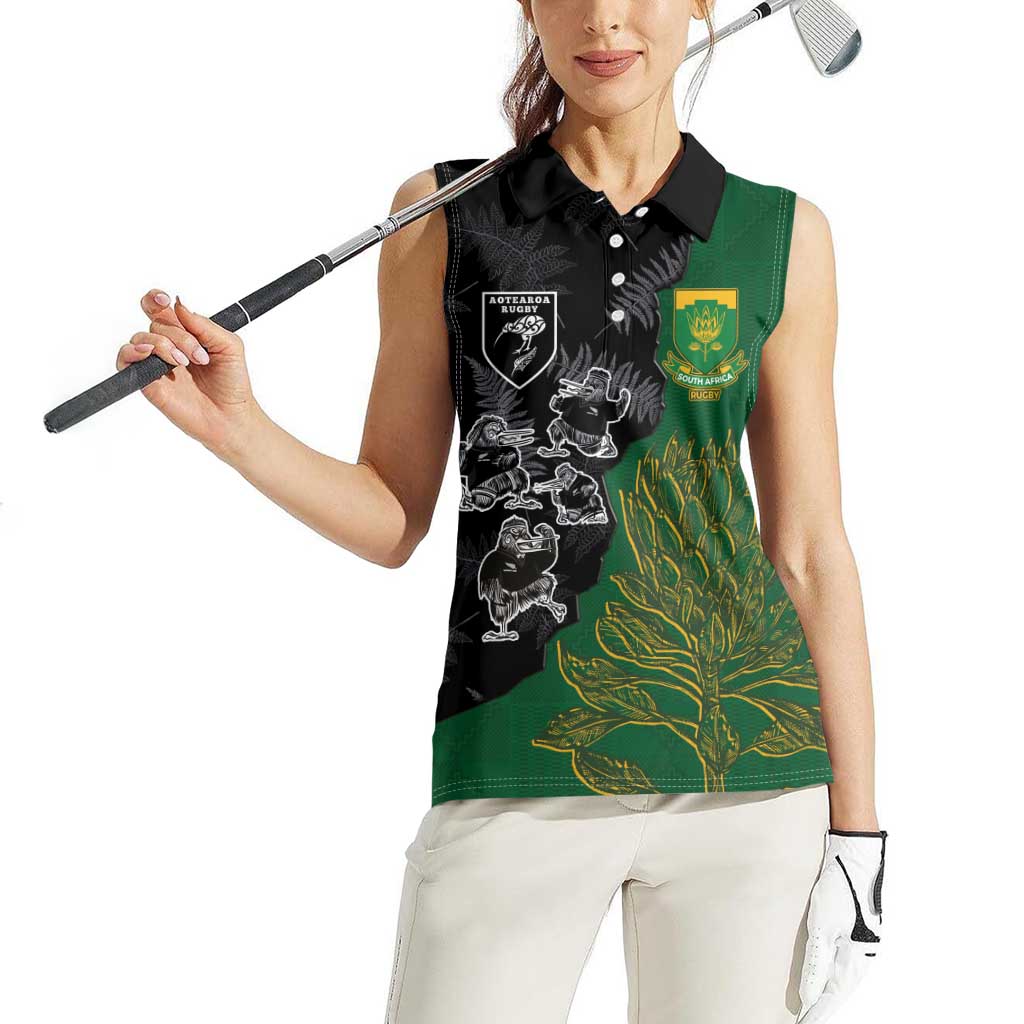 Custom Aotearoa South Africa Rugby Freedom Cup Women Sleeveless Polo Shirt Kiwi Warriors Haka with King Protea Symbol - Wonder Print Shop