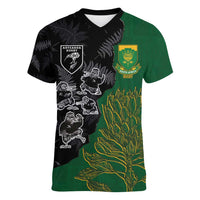 Custom Aotearoa South Africa Rugby Freedom Cup Women V-Neck T-Shirt Kiwi Warriors Haka with King Protea Symbol - Wonder Print Shop