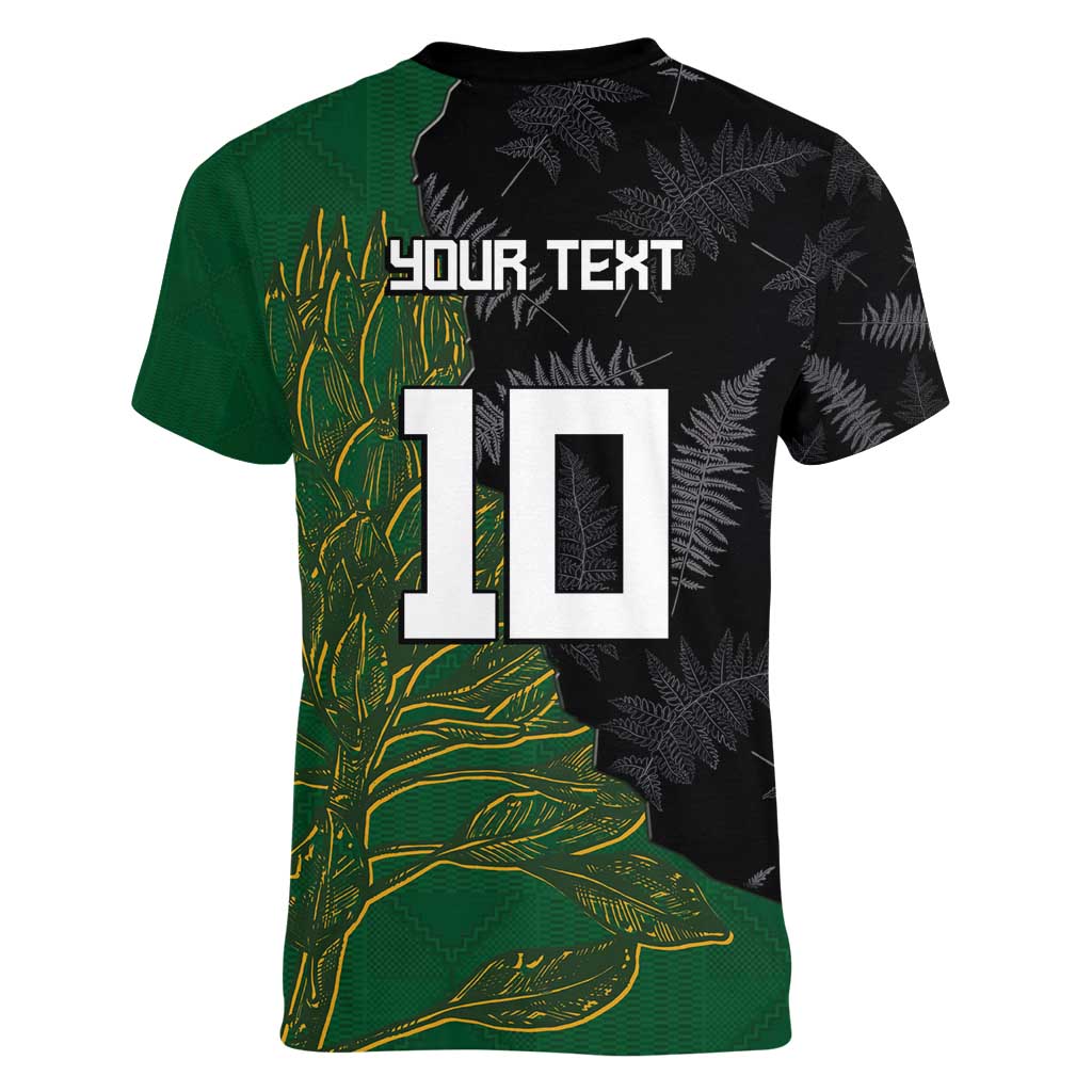 Custom Aotearoa South Africa Rugby Freedom Cup Women V-Neck T-Shirt Kiwi Warriors Haka with King Protea Symbol - Wonder Print Shop