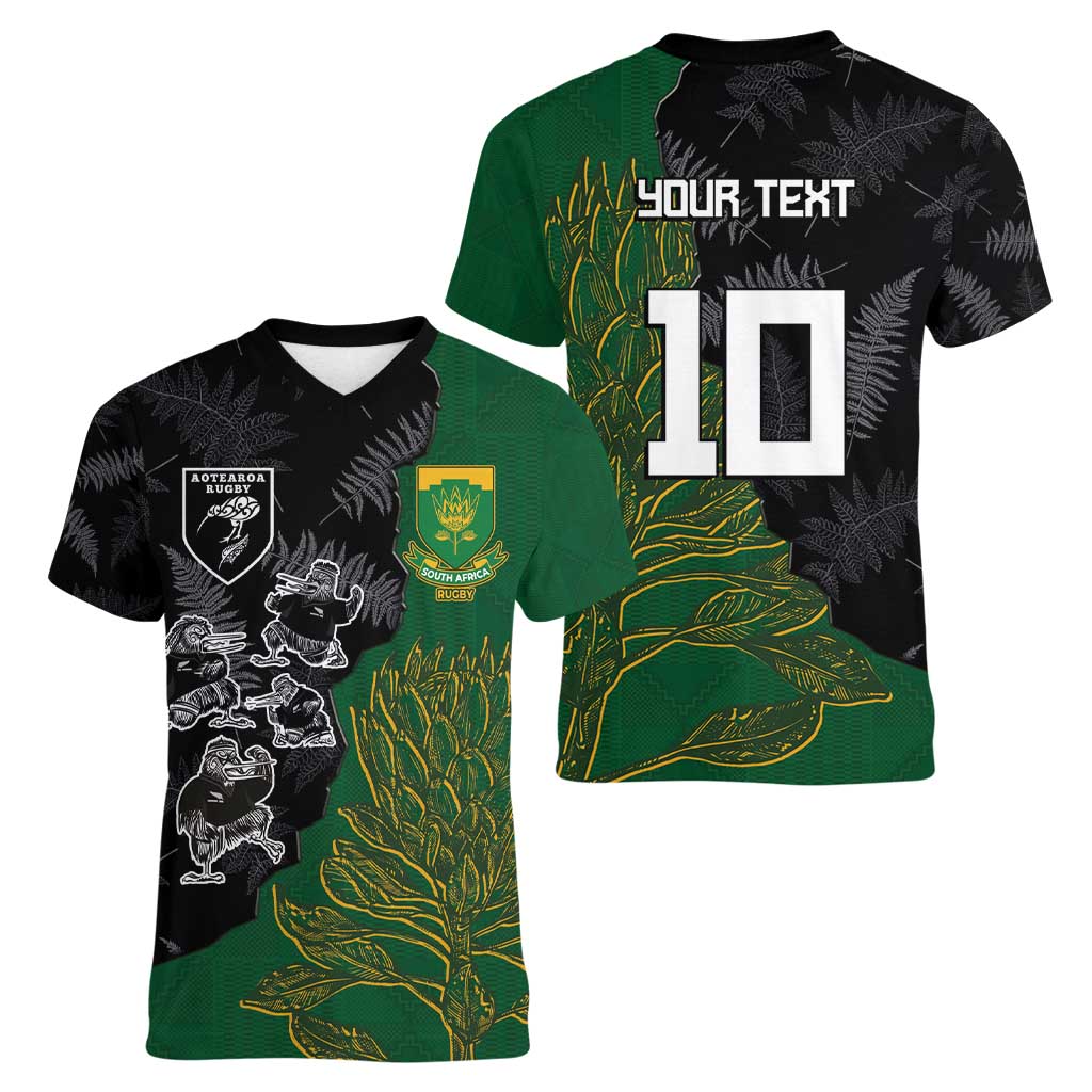 Custom Aotearoa South Africa Rugby Freedom Cup Women V-Neck T-Shirt Kiwi Warriors Haka with King Protea Symbol - Wonder Print Shop