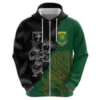 Custom Aotearoa South Africa Rugby Freedom Cup Zip Hoodie Kiwi Warriors Haka with King Protea Symbol - Wonder Print Shop