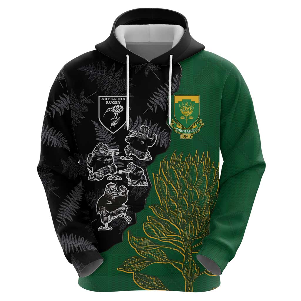 Custom Aotearoa South Africa Rugby Freedom Cup Zip Hoodie Kiwi Warriors Haka with King Protea Symbol - Wonder Print Shop