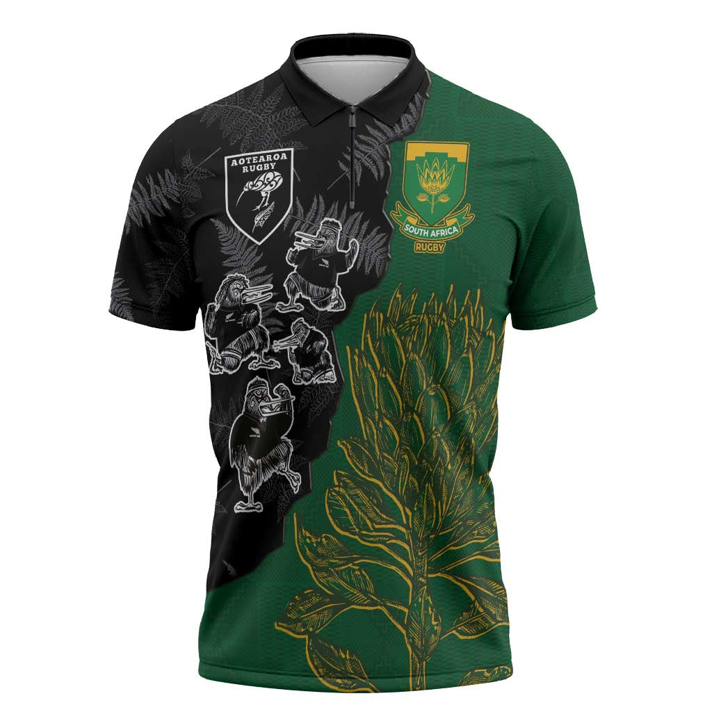 Custom Aotearoa South Africa Rugby Freedom Cup Zipper Polo Shirt Kiwi Warriors Haka with King Protea Symbol - Wonder Print Shop