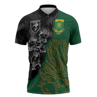 Custom Aotearoa South Africa Rugby Freedom Cup Zipper Polo Shirt Kiwi Warriors Haka with King Protea Symbol - Wonder Print Shop