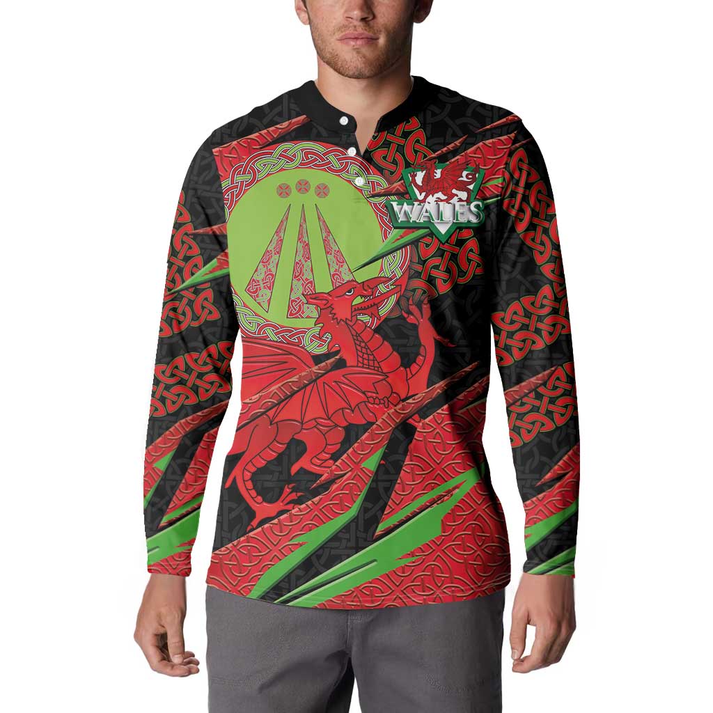 Welsh Celtic-Awen Button Sweatshirt Wales Y Ddraig Goch with Celtic Knot Sporty - Wonder Print Shop
