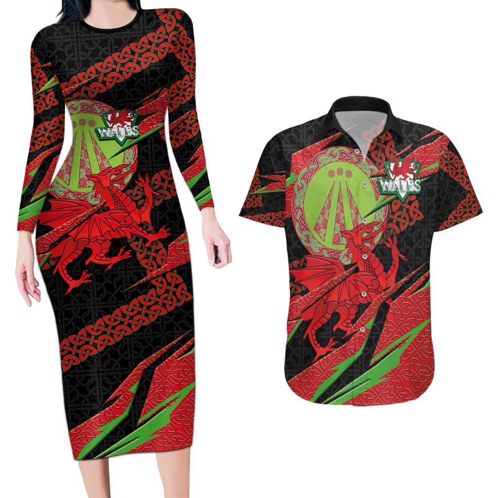 Welsh Celtic-Awen Couples Matching Long Sleeve Bodycon Dress and Hawaiian Shirt Wales Y Ddraig Goch with Celtic Knot Sporty - Wonder Print Shop