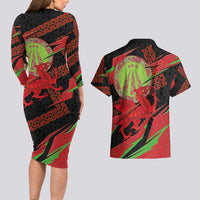 Welsh Celtic-Awen Couples Matching Long Sleeve Bodycon Dress and Hawaiian Shirt Wales Y Ddraig Goch with Celtic Knot Sporty - Wonder Print Shop