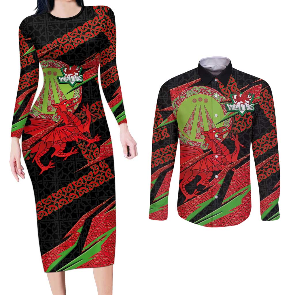 Welsh Celtic-Awen Couples Matching Long Sleeve Bodycon Dress and Long Sleeve Button Shirt Wales Y Ddraig Goch with Celtic Knot Sporty - Wonder Print Shop