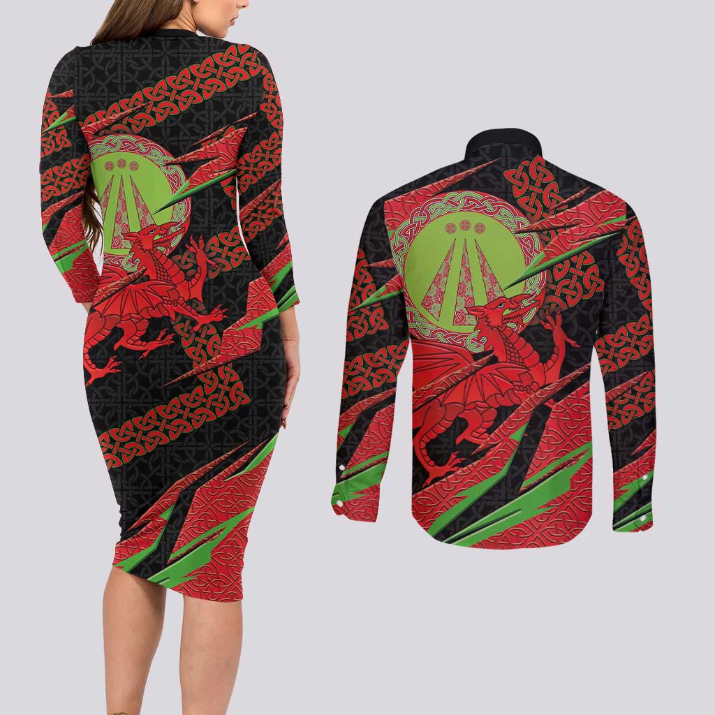 Welsh Celtic-Awen Couples Matching Long Sleeve Bodycon Dress and Long Sleeve Button Shirt Wales Y Ddraig Goch with Celtic Knot Sporty - Wonder Print Shop