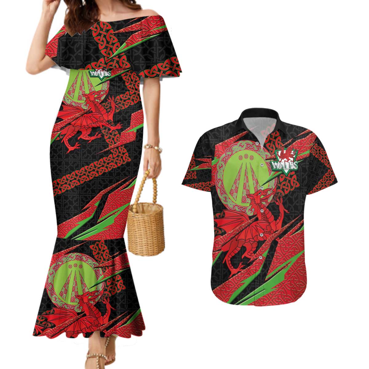 Welsh Celtic-Awen Couples Matching Mermaid Dress and Hawaiian Shirt Wales Y Ddraig Goch with Celtic Knot Sporty - Wonder Print Shop