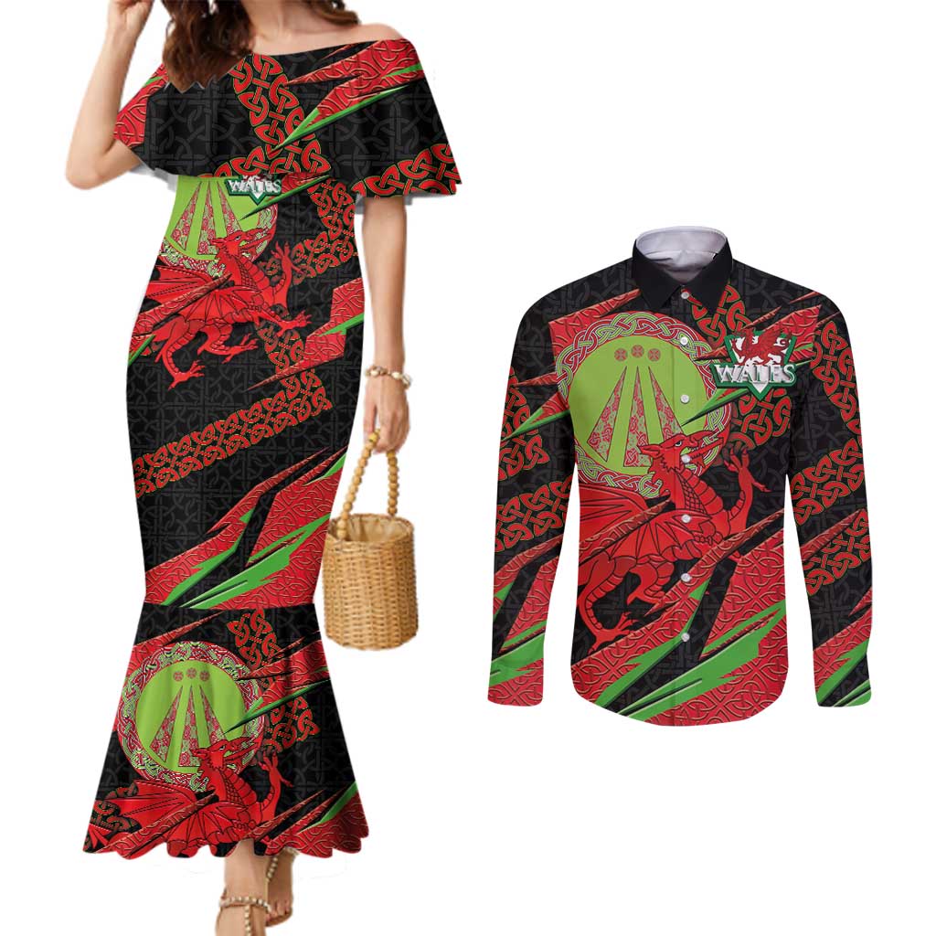 Welsh Celtic-Awen Couples Matching Mermaid Dress and Long Sleeve Button Shirt Wales Y Ddraig Goch with Celtic Knot Sporty - Wonder Print Shop